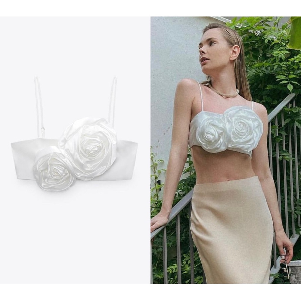 Zara floral appliqué crop top, white, size S